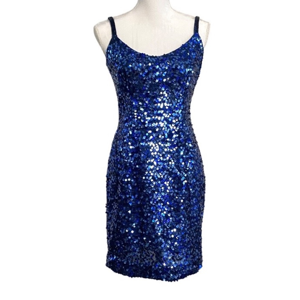 Vintage 90s Blue Sequin Mini Dress 10 Low Back Sleeveless Dopamine Glam Bodycon
